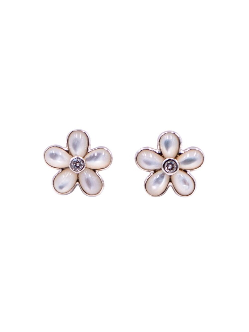 18K White Gold Diamond Moonstone Flower Stud Earrings 14mm Estate Fine Jewelry